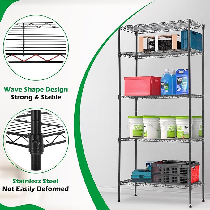 BestOffice 14"x30"x60" Commercial Storage Shelves Heavy Duty Shelving 5 Tier Layer Wire Shelving Unit with Wheels Metal Wire Shelf Standing Garage Shelves Storage Rack,Adjustable NSF Certified(Black)