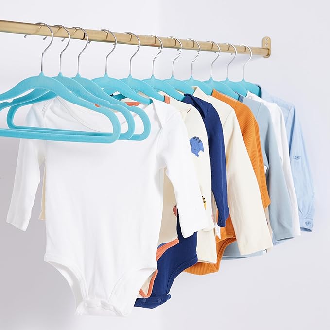 Amazon Basics Kids Velvet, Non-Slip Clothes Hangers for Infant and Toddler, 11.6 inches (for Baby Clothes), 50 Count, Blue (Pack of 4)