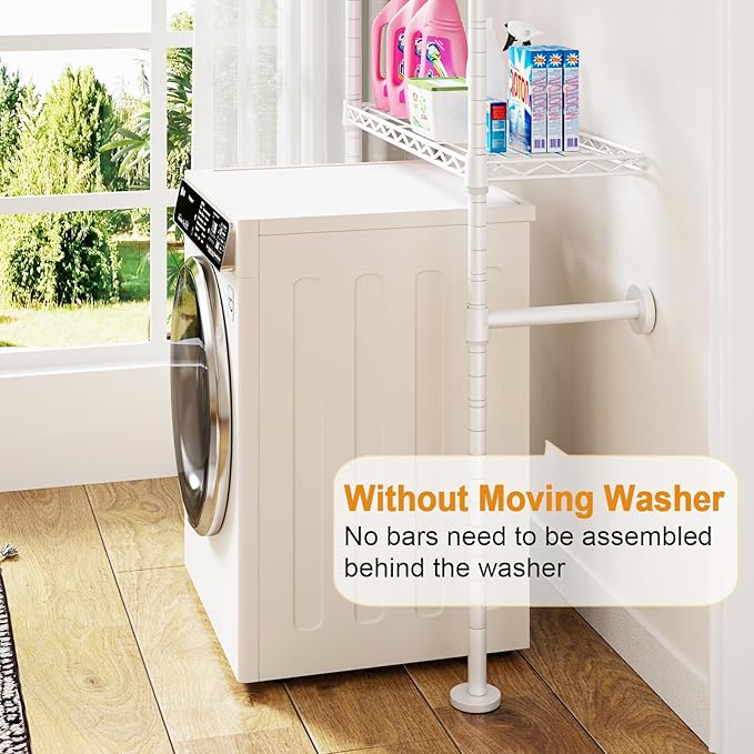 ULIFHOME U17 Wall-Mounted Over The Washer Dryer Shelves Without Moving Machines, Laundry Room Rack with Adjustable Shelves and Hanger Rod, 35" W x 22" D x 86.2" H, Holds 352 lbs, White