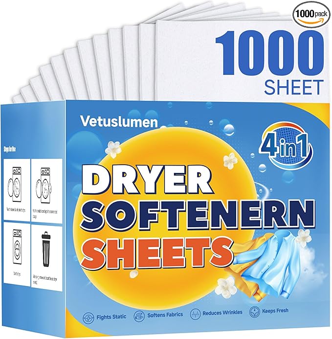 Veuslumen 1000 Count Dryer Sheets, Mega Pack Fabric Softener Sheets with Essential Oils, Long-Lasting Fresh Scent for Laundry - Softens Fabrics, Reduces Static, Fights Wrinkles