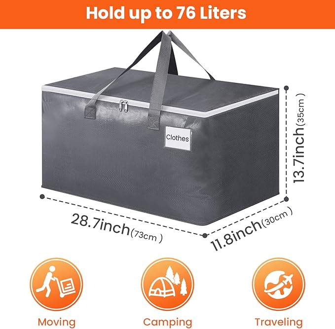 BlissTotes Large Moving Boxes and with Zippers & Handles Moving Supplies with lids, Heavy Duty Totes for Storage Bags for Space Saving, Fold Flat, Moving and Storing 76L, 8 Pack