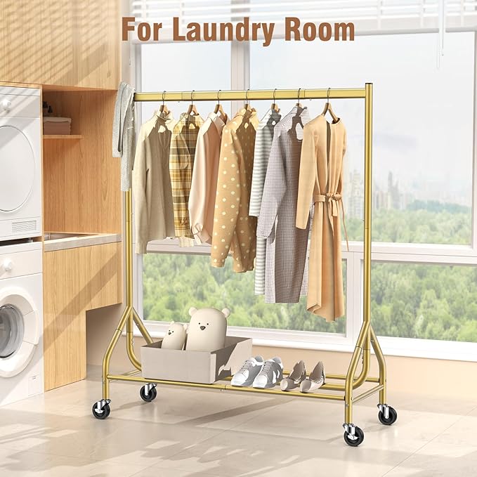 EAGMAK Heavy Duty Clothes Rack Load 420 LBS, Rolling Garment Rack with Lockable Wheels, Standing Metal Clothing Rack, Portable Wardrobe Sturdy Coat Rack for Hanging Clothes (Gold, 47.2″×18.9″×63″)