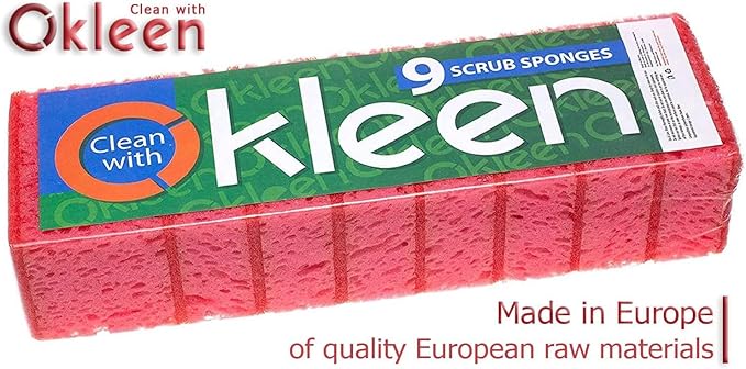 Pink Multi Use Scrub Sponges. Made in Europe. 18 Pack, 4.3x2.8x1.4 inches. Odorless Heavy Duty & Non Scratch Fiber. Durable and Delicate Scrubber for Kitchen & Bathroom, Housekeeping & Outdoors