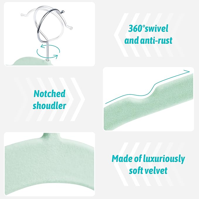 Sishynio Velvet Hangers 50 Pack – Slim Non-Slip Flocked Hangers with Notches, Space-Saving Closet Organizer for Dresses, Blouses, Coats(Green)