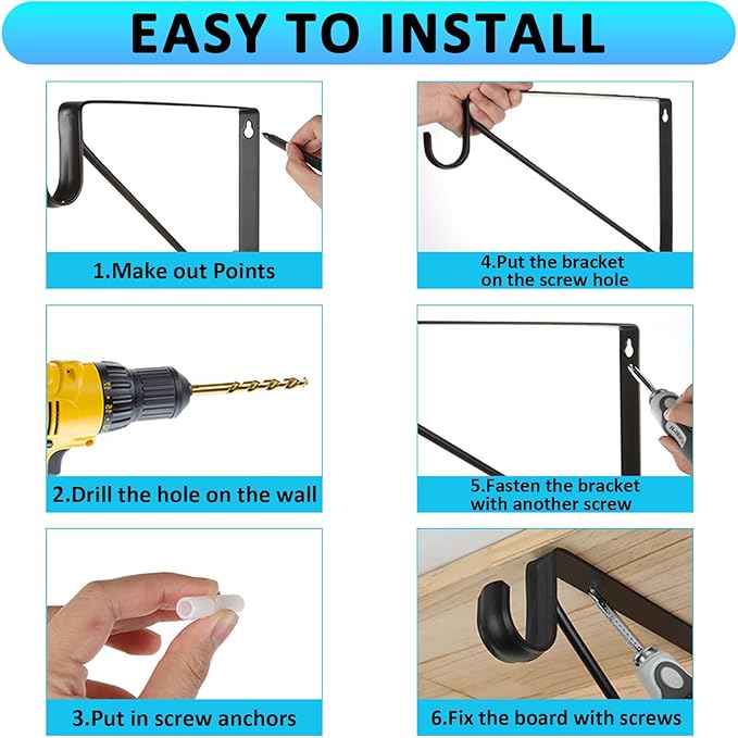 6 Pack Black Closet Rod Bracket 11 x 11 Inch, Heavy Duty Closet Shelf Brackets with Rod Shelving Support,Wall Mount Closet Rod Support Bracket with Screws,Supports 300 lbs