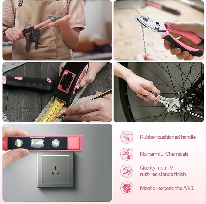 COMOWARE 12V Cordless Drill Set, Pink Hand Tool Set with Cordless Drill Driver, Complete Repair Tool Kit for Women, Storage Bag, Ideal for Office, Garden, Dorm and DIY Project
