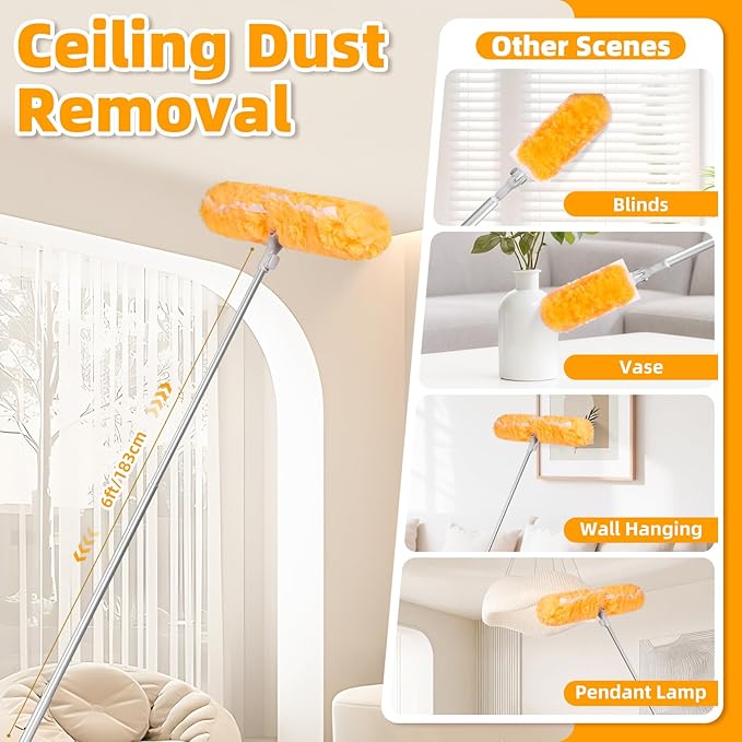 6 ft Extendable Handle with 20 Duster Refills, Heavy Duty Duster Refills Kit Compatible with Swiffer, 360 Disposable Microfiber Duster Pads for Ceiling Fan, Window & Hard to Reach Areas Cleaning
