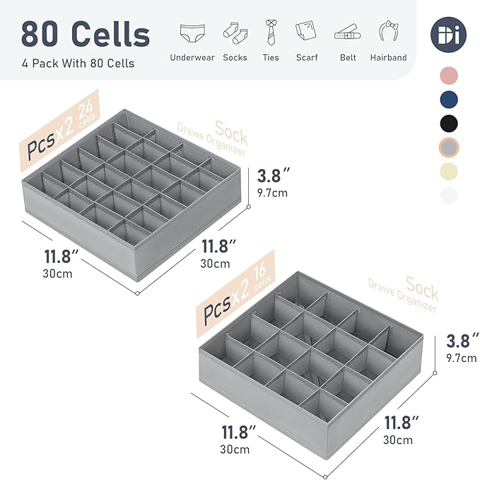 Joyoldelf Sock Drawer Organizer Divider 4 Packs Underwear Organizer, 2 x 24 Cell + 2 x 16 Cell Closet Organizers and Storage Sock Holders for Storing Socks, Handkerchiefs, Ties, Belts (Grey)