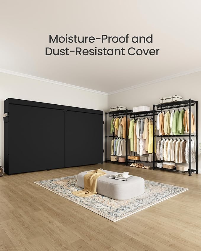 SONGMICS Heavy-Duty Rolling Clothes Rack, Garment Rack, Portable Closet on Wheels, with Adjustable Mesh Shelves and Hanging Rails, Fabric Cover, 15.8 x 86.4 x 76 Inches, Ink Black ULGR437BH01
