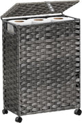 Hiagnete Toilet Paper Storage Basket with Lid and Wheels, Rattan Toilet Paper Holder Storage, Toilet Paper Organizer for Bathroom, Bedroom, Kitchen, 12.6”L x 7.1”W x 17.14”H, Grey