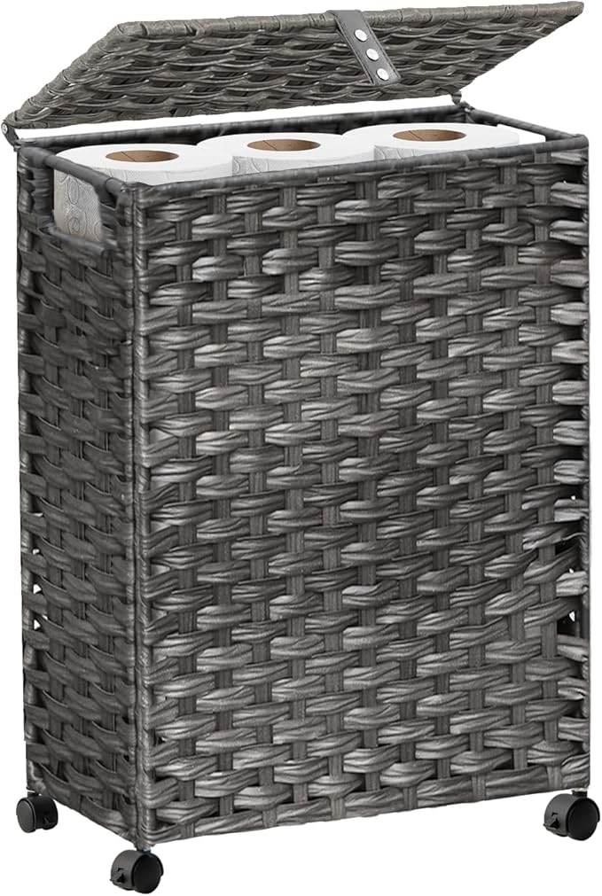 Hiagnete Toilet Paper Storage Basket with Lid and Wheels, Rattan Toilet Paper Holder Storage, Toilet Paper Organizer for Bathroom, Bedroom, Kitchen, 12.6”L x 7.1”W x 17.14”H, Grey