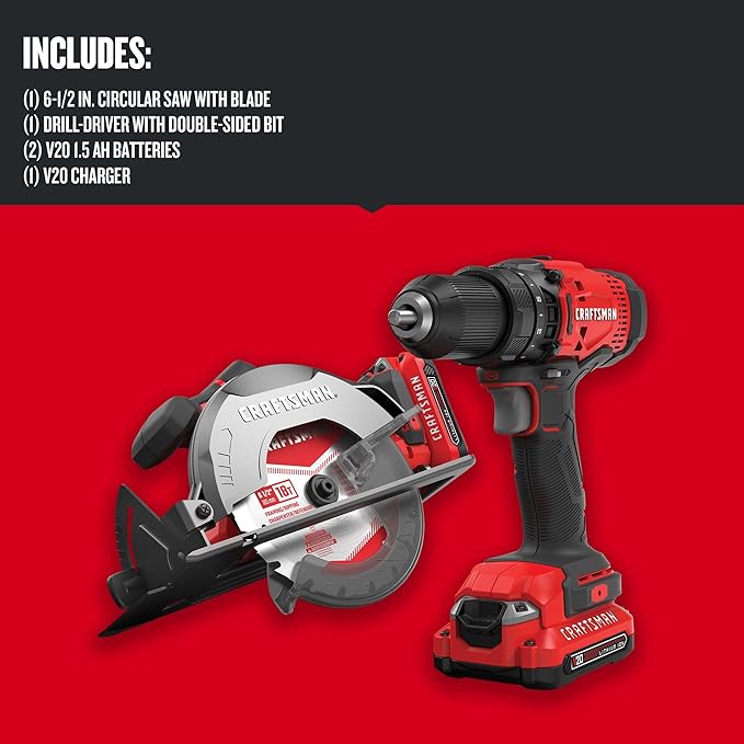 CRAFTSMAN V20 Cordless Power Tool Combo Kit, with Drill/Driver, Circular Saw, 2 Batteries and Charger (CMCK202C2)