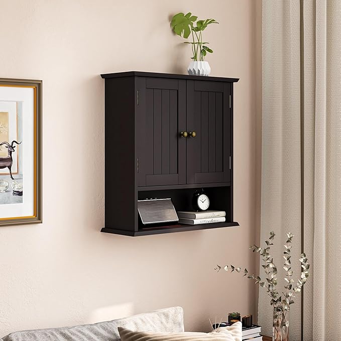 Smuxee Brown Bathroom Cabinet Wall Mounted, Small Medicine Cabinet with 2 Door Adjustable Shelves, Wall Cabinet Over Toilet for Laundry Room Kitchen