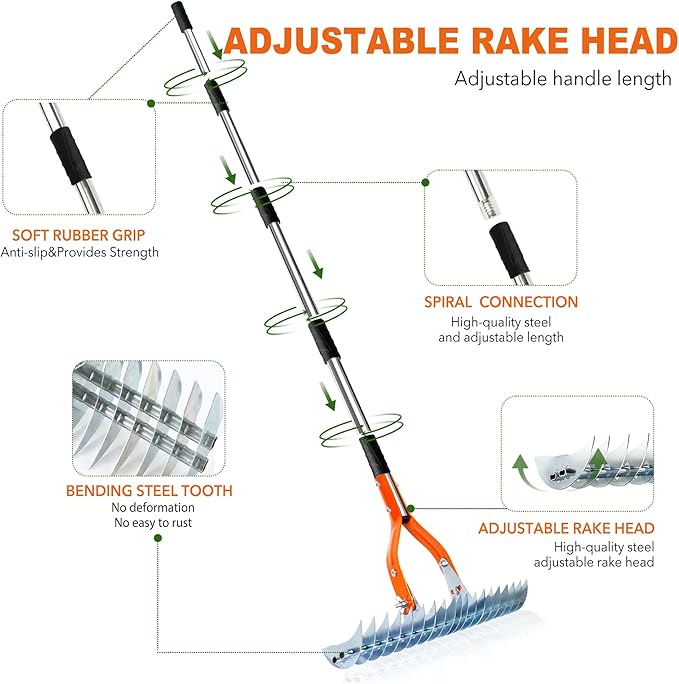 Thatch Rake,15" Lawn Dethatcher Rakes,Dead Grass Remover,Manual Dethatching Rake with Adjustable Length Handle,Scarifier Rake,Thatching Rakes for Lawns Grass Loosening Soil