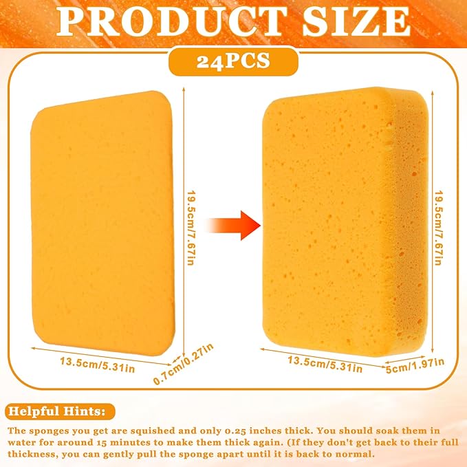 24 Pcs Large Cleaning Sponges Bulk, 7.6 x 5.3 x 1.9 Inch Yellow Reusable Grout Sponge Super Absorbent Non-Scratch Car Wash Sponges for Car, Floors, Windows, Dishes Cleaning