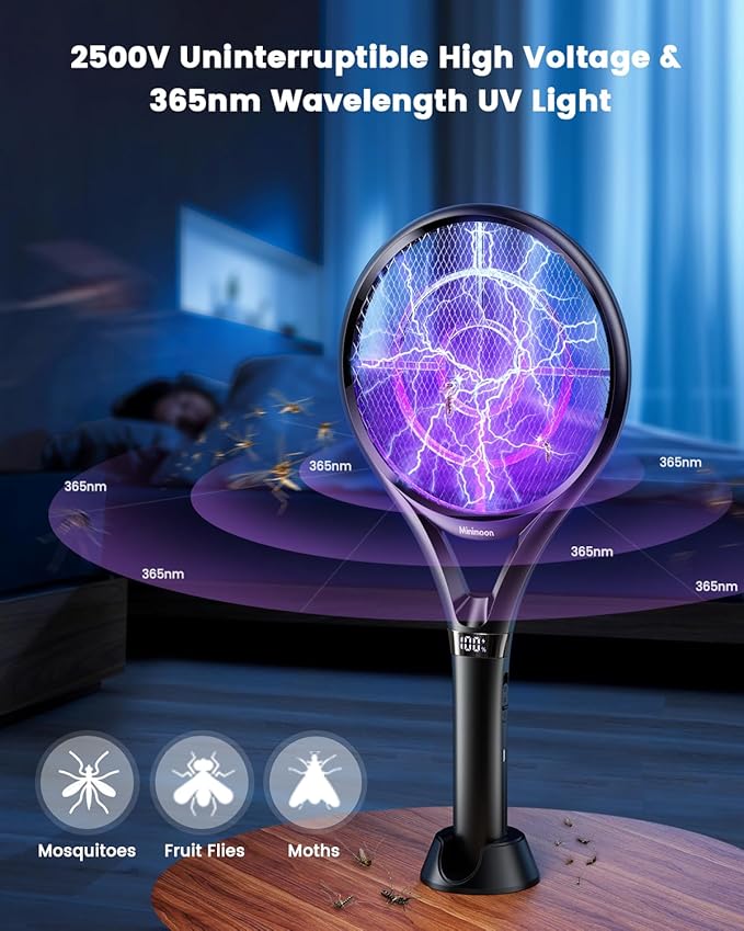 Minimoon Electric Fly Swatter with LED Display, 2000mAh Rechargeable Fly Swatter Racket, 2500V Bug Zapper Racket Dual Modes, Mosquito Killer Lamp with 3 Layers Safety Mesh for Indoor Outdoor Camping