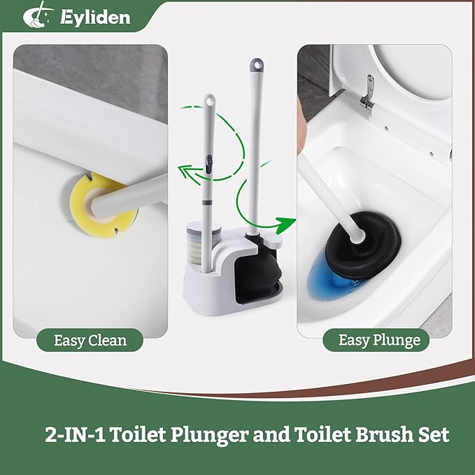Eyliden Disposable Toilet Brush and Plunger Combo | 2-in-1 Toilet Bowl Wand Kit - 10 Count Pre-Soaked Refill Heads, 3-Step Plunger, Storage Holder - Compact Toilet Cleaning System, White