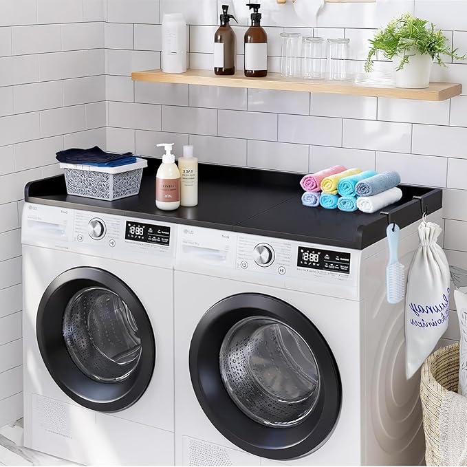 VEVOR Washer Dryer Countertop with 3 Splicing Panels, 54" x 27" Wooden Washer and Dryer Countertop with Non-Slip Pads, Water-Resistant Laundry Topper for Laundry Room Organization and Storage, Black