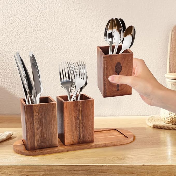 Qivine Acacia Wood Utensil Holder, Wooden Silverware Holder Countertop Utensil Organizer Silverware Organizer with Tray, Kitchen Utensil Organizers for Forks, Spoons, Knives (Acacia)