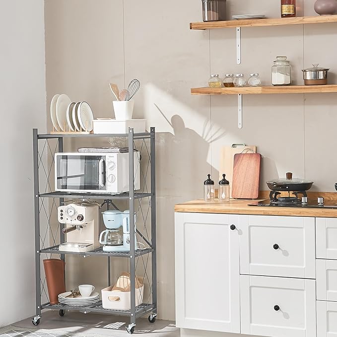BRIAN & DANY 4-Tier Foldable Storage Shelves with Wheels, Folding Metal Rack Shelving Unit, Heavy Duty No Assembly Organizer Shelf for Garage, Kitchen, Basement, Pantry, Gray