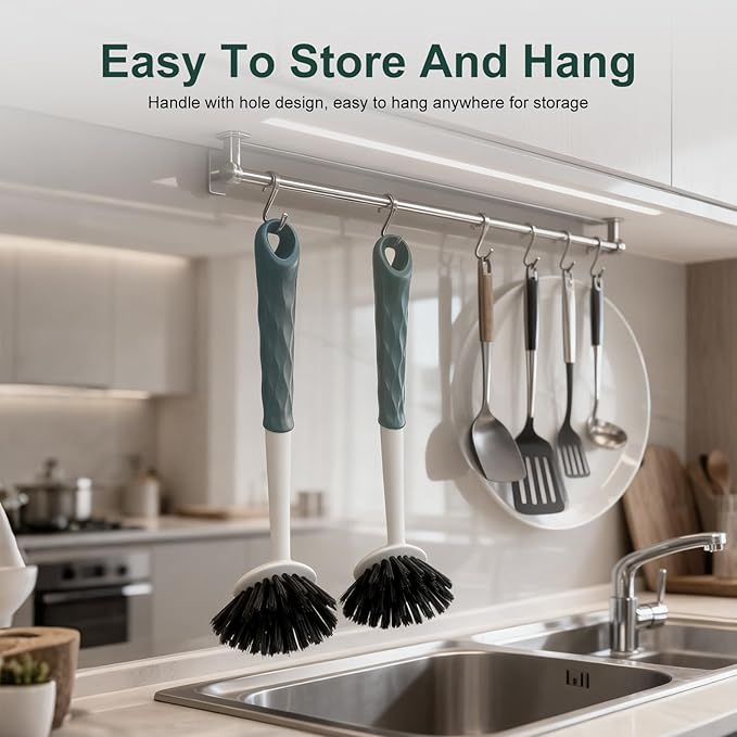 Dish Brush, 2 Pack with Comfortable Handle, with Built-in Scraper, Scrub Brush with Medium Firm bristles for Cleaning Dishes, Sink, Pots(Green)