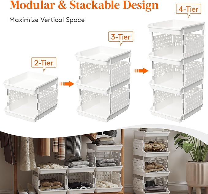 Lifewit Plastic Stackable Storage Baskets, 4 Tier Stacking Bins for Food and Clothes, Multifunctional Organizer for RV, Kitchen, Playroom, Pantry and Bathroom, 13.8"D x 11.8"W x 28.3"H, 1 Pack, White