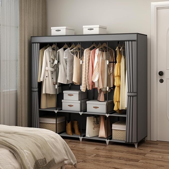 MOGELAFOO Portable Closet Wardrobe, 67-Inch Clothes Organizer with 4 Hanging Rods and 8 Shelves, Non-Woven Fabric Cover, Large Capacity Storage for Bedroom and Living Room, Grey