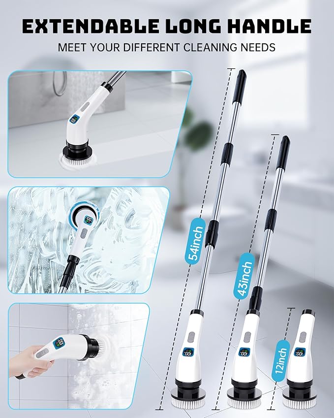Electric Spin Scrubber, IPX7 Shower Scrubber 7 Replaceable Brush Heads-90Mins Work Time, 2-Speed Adjustable Bathroom Scrubber 3-Height Adjustable Handle Cordless Tub Scrubber for Bathtub Kitchen Glass