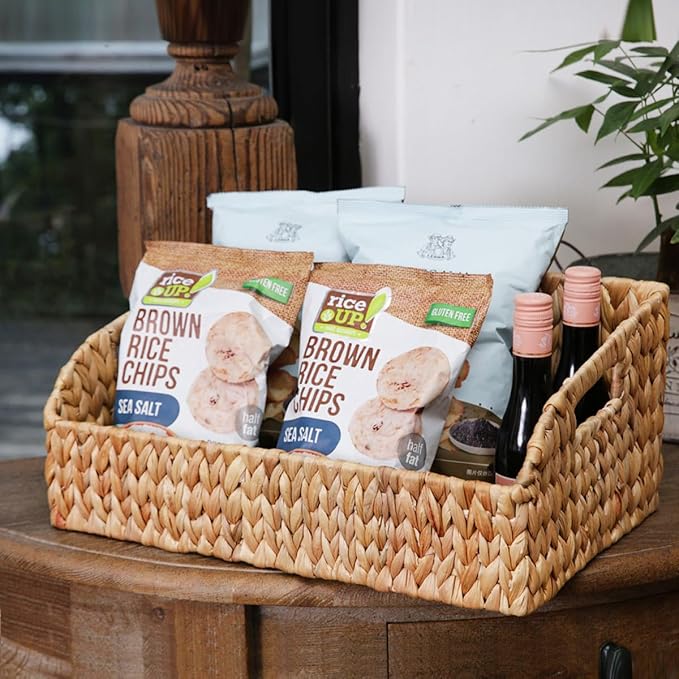 Pantry Organizers and Storage Baskets for Organizing with Handles, Large Wicker Storage Baskets for Shelves, Laundry-Water Hyacinth Storage Bins, Boho Decorative, 3Pack,Natural
