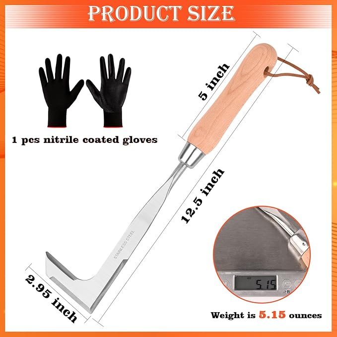 3-Sided Crevice Weeder - 12.6" Stainless Steel Garden Weeding Tool with Beech Handle, L-Shaped Crevice Weeder Sickle for Garden Lawn, Yard Patio Terrace, Paving Gaps