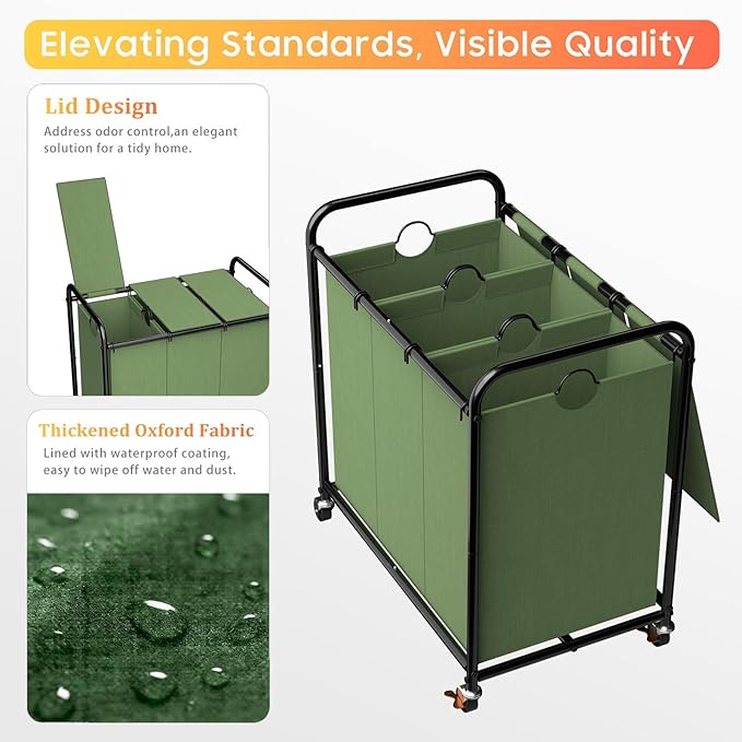 180L (47.55 Gal) Laundry Sorter 3 Section, Rolling Laundry Basket with Lockable Wheels and Lid, Laundry Hamper with 3 Separated Removable Bags Dirty Clothes Hamper for Laundry Room Organizer, Green
