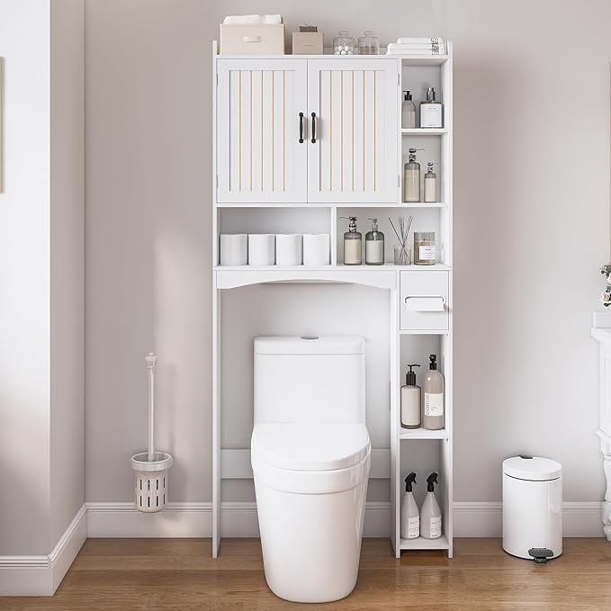 Viaozutis Over The Toilet Storage Cabinet, Over Toilet Bathroom Organizer, Bathroom Storage cabinets with Anti Tipping Devices, Storage cabinets with Toilet Paper Holders, for Bathroom, Laundr（White）