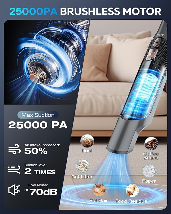 Zefiro Compact Powerful Cordless Handheld Vacuum, Rechargeable Portable Car Vacuum for Car & Pet Hair, 25000PA High Power Suction, XL Dust Cup, 2 Brushes & Filters, Long Runtime with Charger
