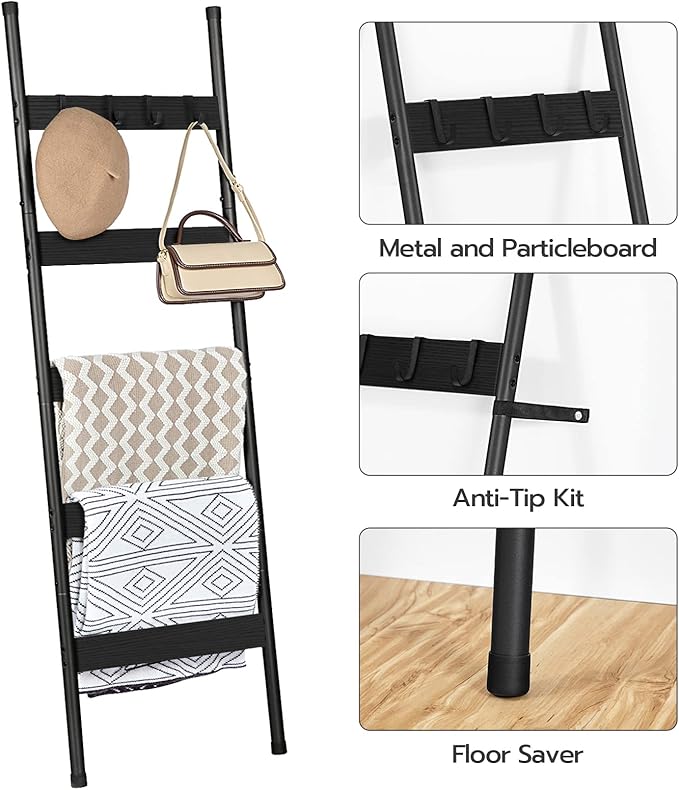 HOOBRO Blanket Ladder, 5-Tier Towel Rack with Hooks, Wall-Leaning Blanket Rack, Decorative Display Ladder Shelf, Scarves, Industrial, Living Room, Bedroom, Black BB52CJ01