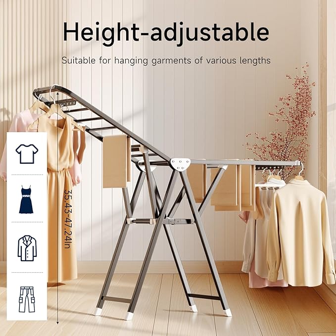 MIKEE Clothes Drying Rack,Foldable Laundry Drying Rack for Indoor & Outdoor Use，with Height-Adjustable Wings，2-Tier Clothes Rack with Windproof Hanging Holes and Wheels，132 lbs
