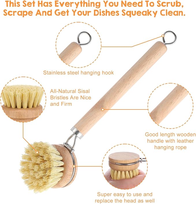 11 Pcs Bamboo Dish Brush Set, Multifunctional Bamboo Dishwashing Scrub Brush with Natural Sisal Bristles, Wooden Handle Dish Brush with Replacement Heads for Cleaning Pots Dishes Pans Vegetables