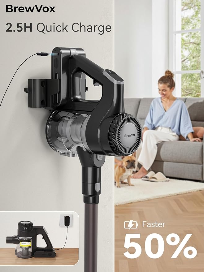 BrewVox Telescopic Cordless Stick Vacuum Cleaner for Home & Pet Hair, 25W Motorized Tri-Clean Brush, 40kPa Powerful Suction, 450W Motor, 65 Min Runtime, 2.5H Quick Rechargeable for Carpets, All Floors