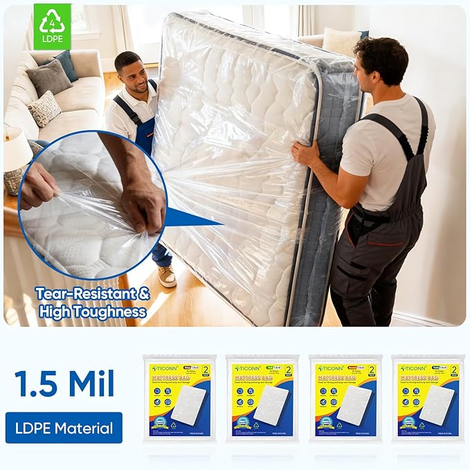 TICONN 2PK Plastic Mattress Bag for Moving Storage, Waterproof Mattress Protector Cover, Heavy-Duty Mattress Moving Supplies (1.5 mil, King)
