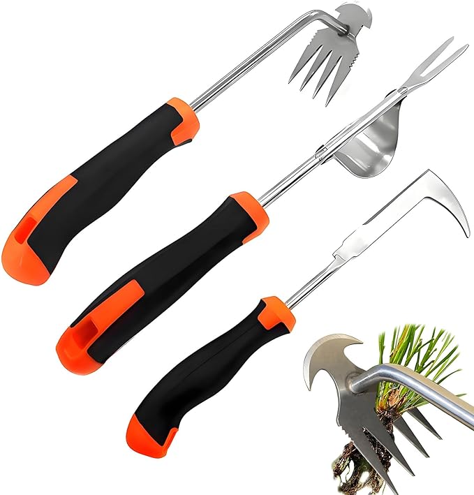 Weed Puller Tool, 3 Pack Hand Weeder Tool, Stainless Steel Dandelion Remover for Lawn Care, 4 Teeth Manual Crack Weeder for Garden, Flower Beds, Patio, L-Shaped Weeding Tool with Ergonomic Handle