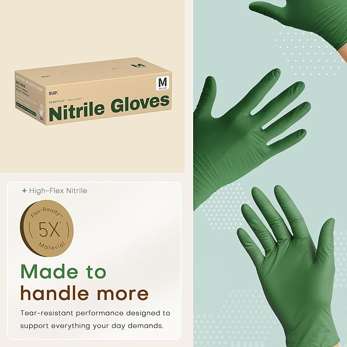 SUP Disposable Nitrile Gloves, Powder-Free Latex-Free Food Safe Cooking Home Cleaning Non-Sterile Glove, Moss Green, 100 Ct