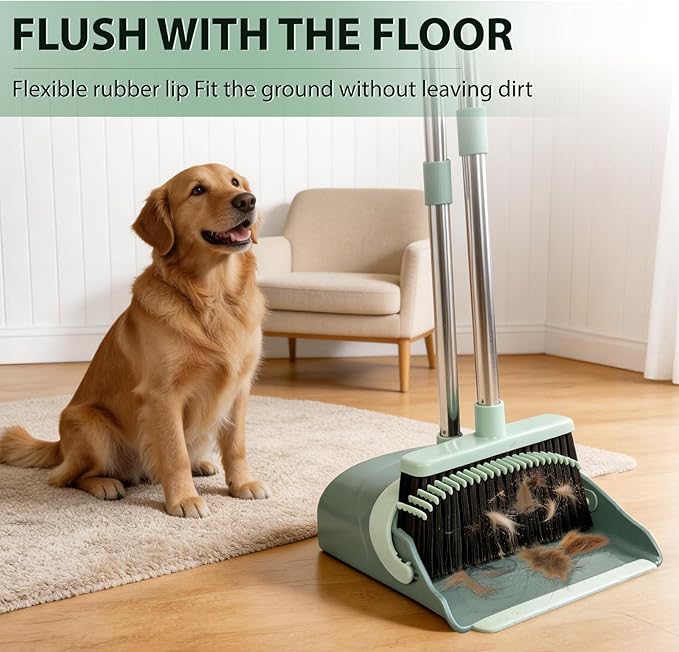 YZO Broom and Dustpan Set, 54.33 Inch Long Handle Standing Design, Dustpan Front Rubber Tight Seal, Broom with 5 Layer Bristles, Suitable for Living Room, Bedroom, Yard, Office and Apartment(Green)