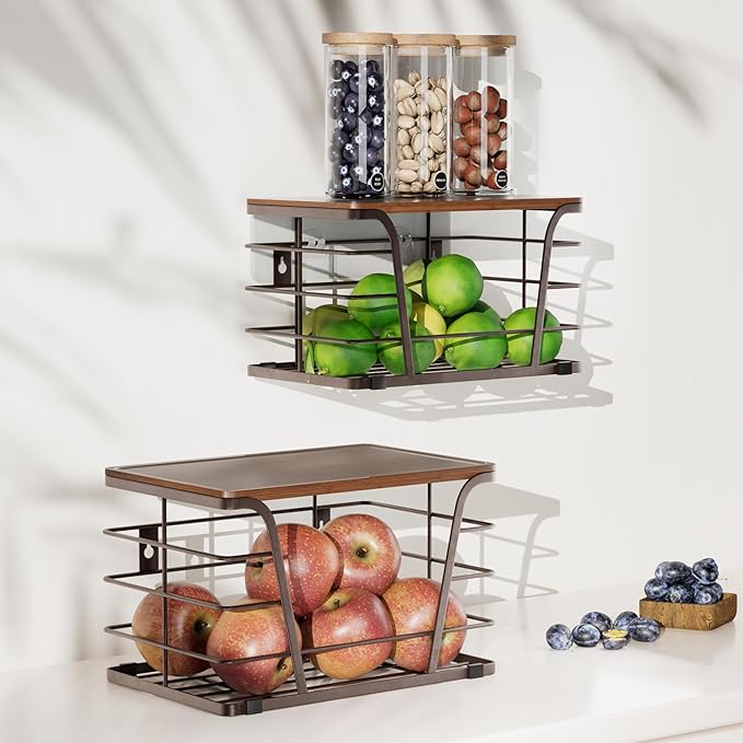Extra Large 2 Pack Potato and Onion Storage Bins,Stackable Storage Pantry Organizers, Kitchen Storage Bins for Potato and Onion, Wall Mount Trash Bag Holder with Bamboo Top, Brown