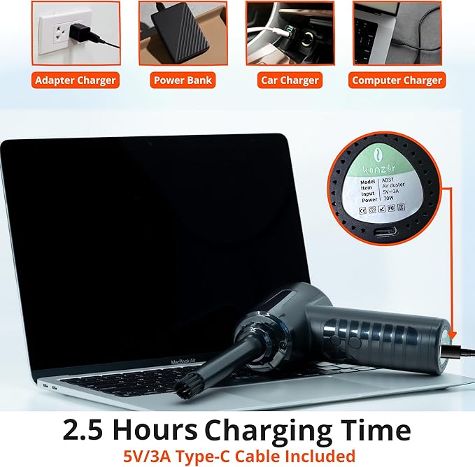 Electric Compressed Air Duster (53000 RPM) - Rechargeable Cordless Air Duster & Keyboard Cleaner for PC & Electronics - Reusable Cleaner Replaces Canned Air Spray.