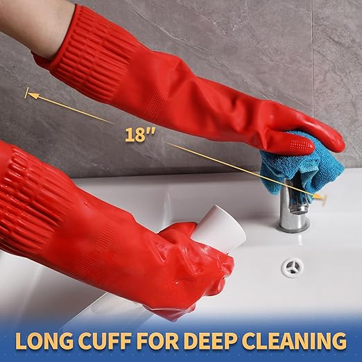 BOOMJOY Cleaning Gloves for Dish Washing, Dish Gloves, Reusable Kitchen Gloves Heavy Duty, Bathroom, Restroom, Red, 3 Pairs, Size-L