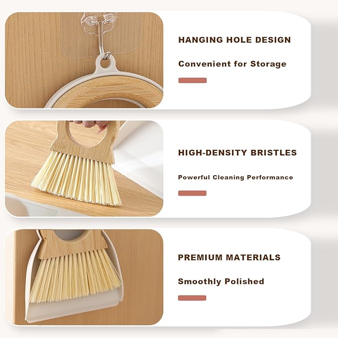 Mini Broom and Dustpan Set Bamboo Broom with Dustpan Combo Set Portable Hand Sweeper for Office Kitchen Dorm Home Quick Cleanups (Black)