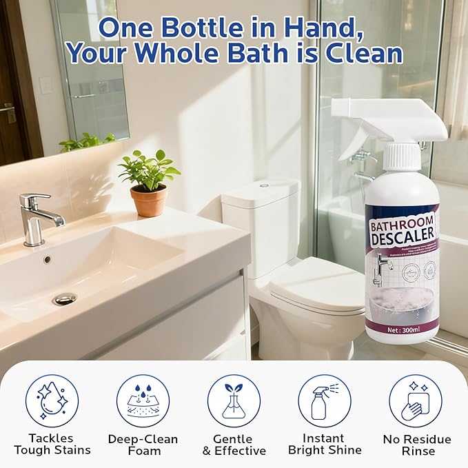 Bathroom Descaler Foam Cleaner for Hard Water Stains - Powerful Foaming Spray for Shower Toilet Sink Tile Cleaning, Limescale Buildup Remover All-Purpose Bathroom Cleaner (10.1 Fl Oz)