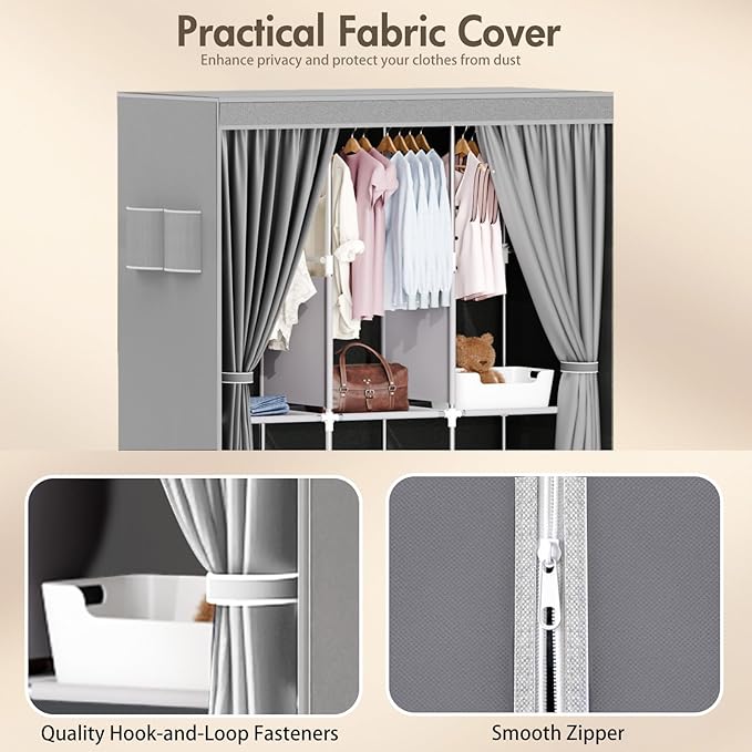 ALSO GO Portable Closet, Storage Organizer Wardrobe with Non-Woven Fabric Cover, with 3 Hanging Rods, 6 Storage Shelves and Side Pockets, Free Standing Clothes Rack with Non-Woven Fabric Cover, Grey