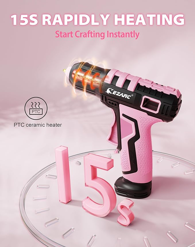 EZARC Cordless Hot Glue Gun, 15s Heating Fast Glue Gun Kit with 30 Pcs Mini Glue Gun Sticks, Automatic-Safety-Power-Off, Built-in 2500 mAh Lithium-ion for Art, Crafts, Decorations, Home Repairs