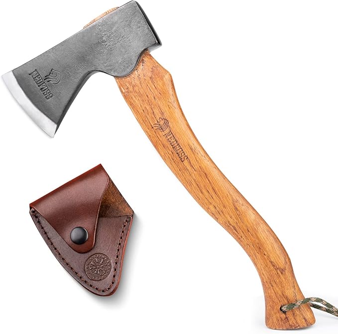 NedFoss 15" Hatchet, Chopping Axes and Hatchets for Wood Splitting and Kindling, Forged Carbon Steel Bushcraft Axe Head Beech Wood Handle, Retro Leather Sheath