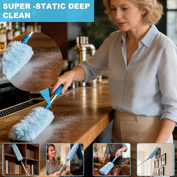 100 Inch Extended Handle Duster Heavy Duty Dusting 360° Duster Refills Kit, Microfibers Multi-Surface Dusters. Efficient Duster Kit for Cleaning Pet Hair, Home, Office, Blinds, Furniture (Blue)